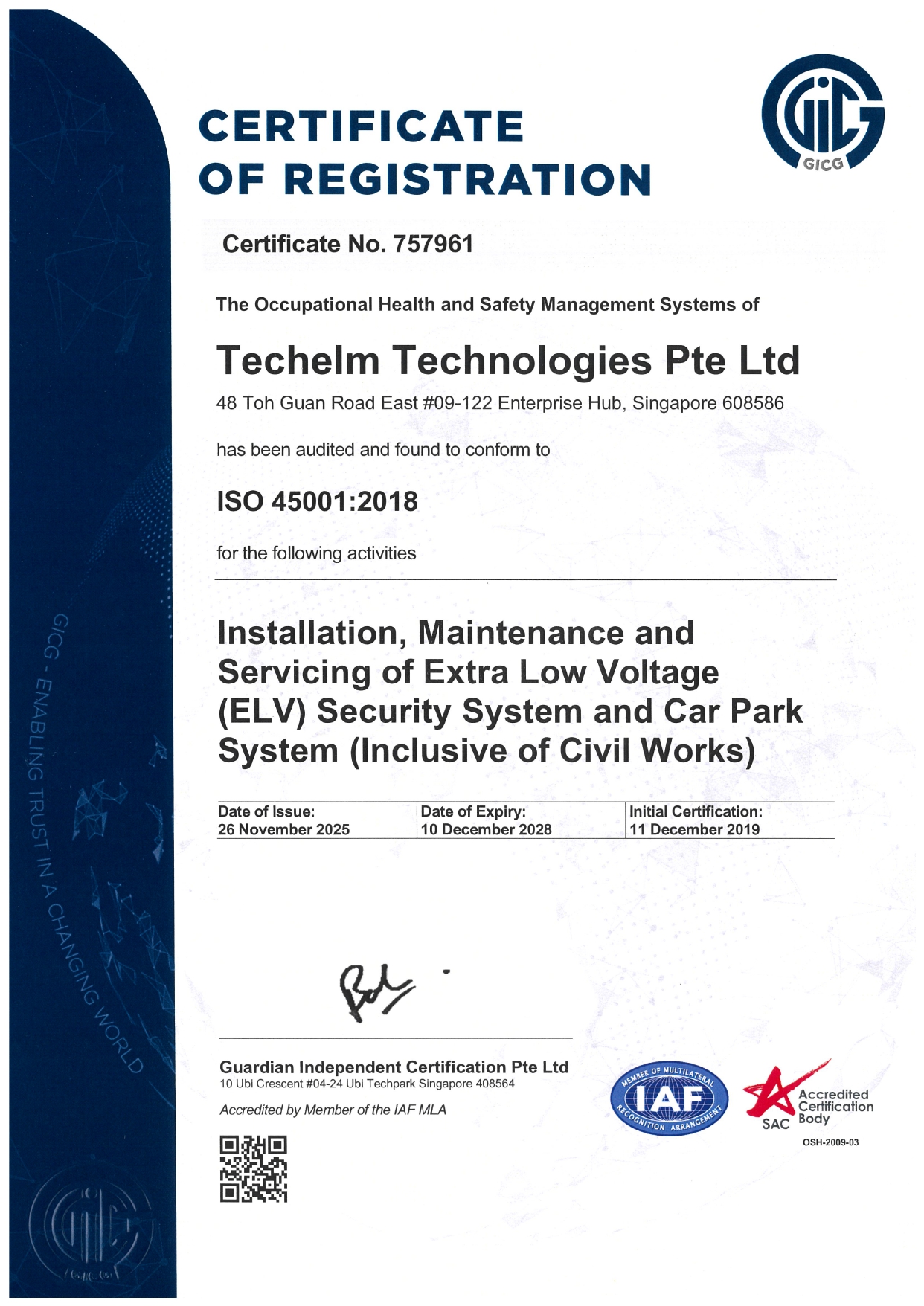 ISO 45001 Techelm Technologies - TR25 | LEW (Licensed Electrical Worker) | PE (Professional Engineer) | EV charger (Electric Vehicle Charger)