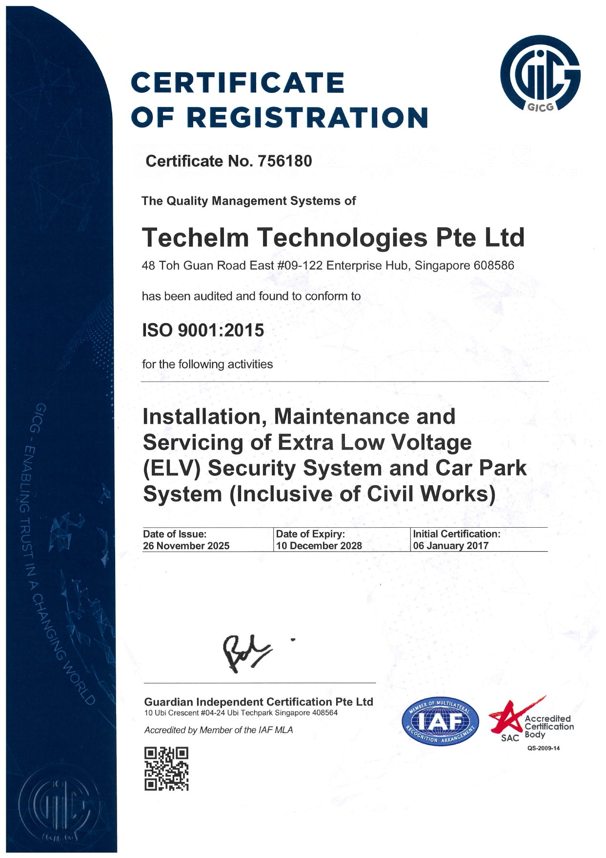 ISO 9001 Techelm Technologies - TR25 | LEW (Licensed Electrical Worker) | PE (Professional Engineer) | EV charger (Electric Vehicle Charger)